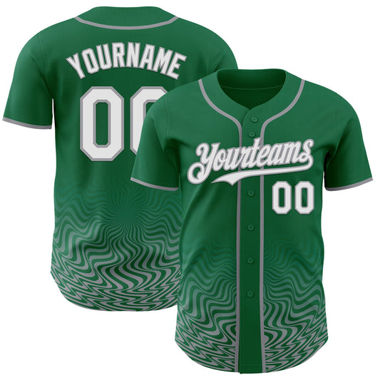 Custom Kelly Green White-Gray Fluid Wave Psychedelic Swirl Authentic Baseball Jersey - Main View