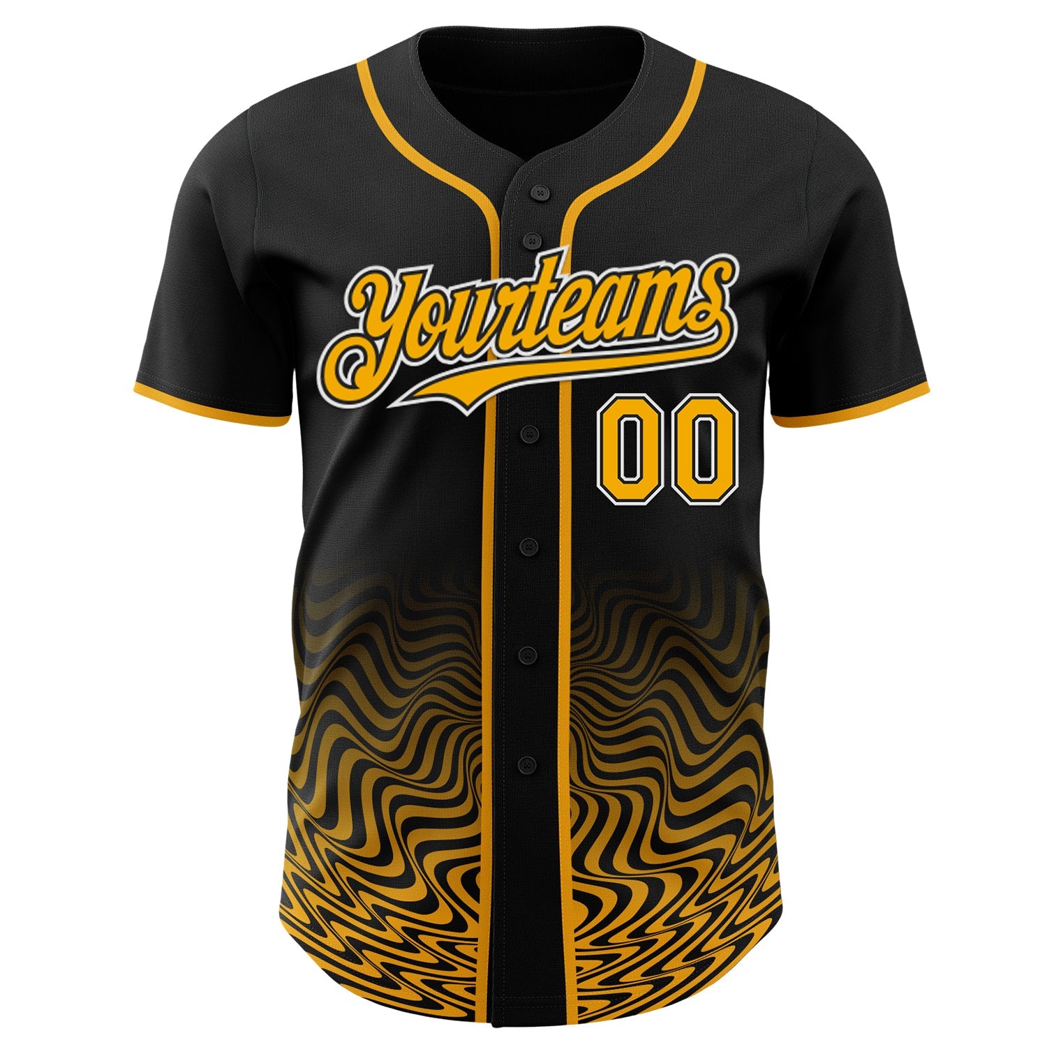 Custom Black Gold-White Fluid Wave Psychedelic Swirl Authentic Baseball Jersey view 2
