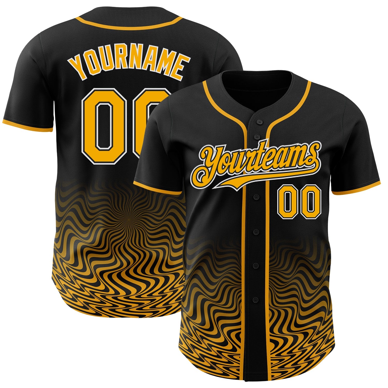 Custom Black Gold-White Fluid Wave Psychedelic Swirl Authentic Baseball Jersey - Main View