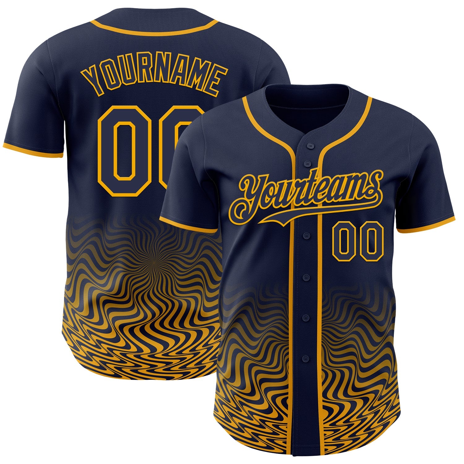 Custom Navy-Gold Fluid Wave Psychedelic Swirl Authentic Baseball Jersey - Main View