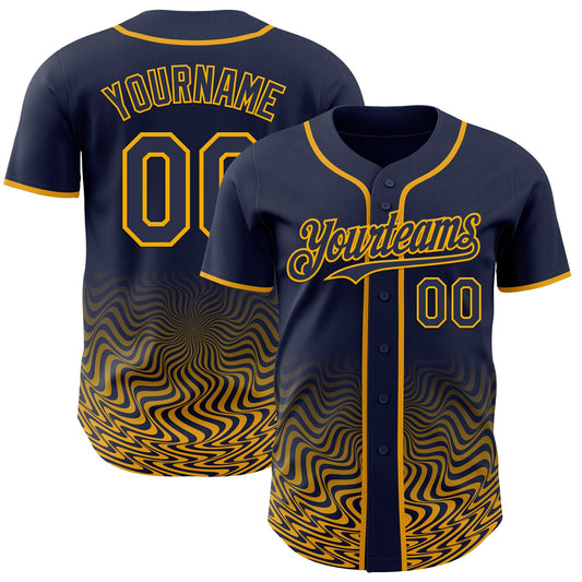 Custom Navy-Gold Fluid Wave Psychedelic Swirl Authentic Baseball Jersey - Main View