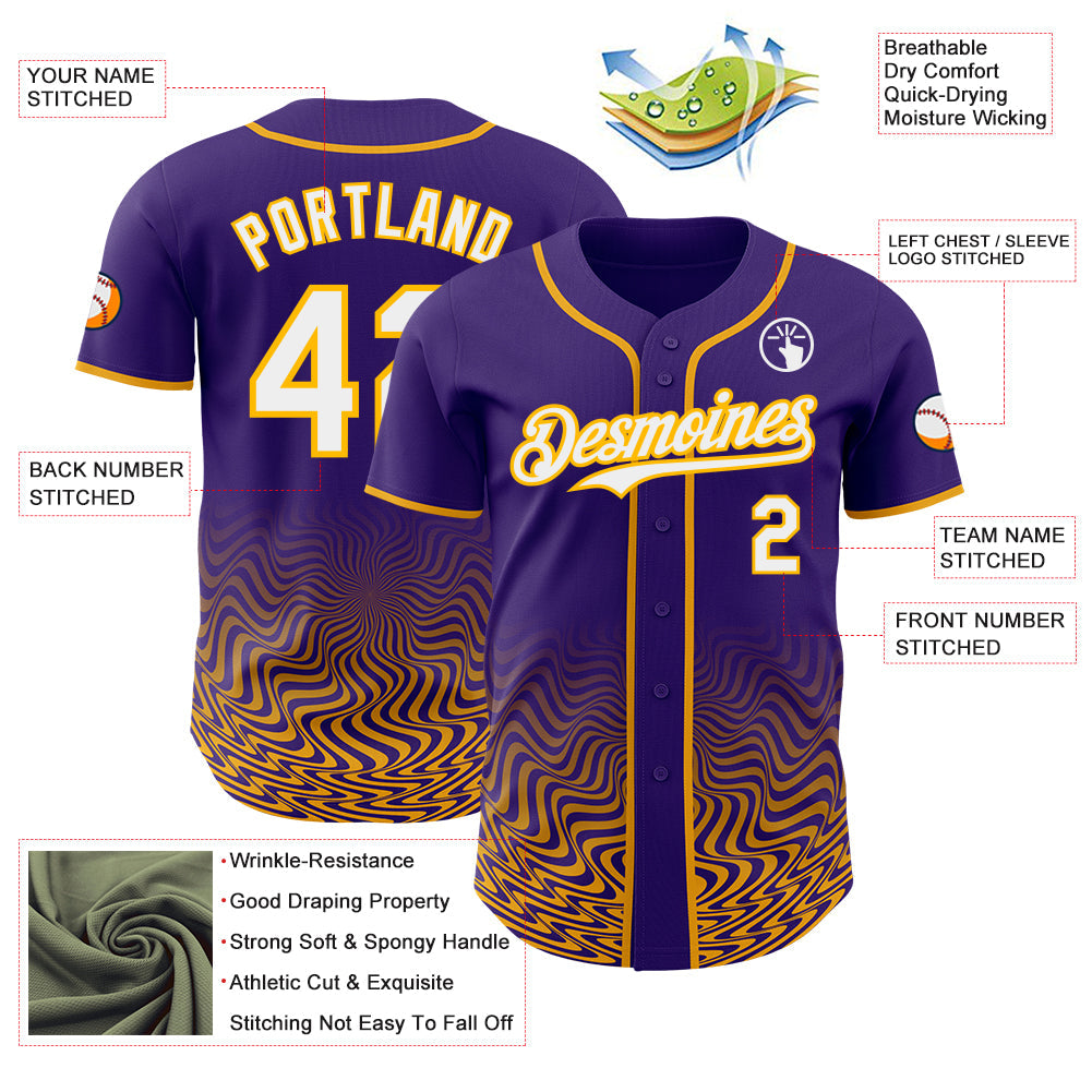 Custom Purple White-Gold Fluid Wave Psychedelic Swirl Authentic Baseball Jersey view 3
