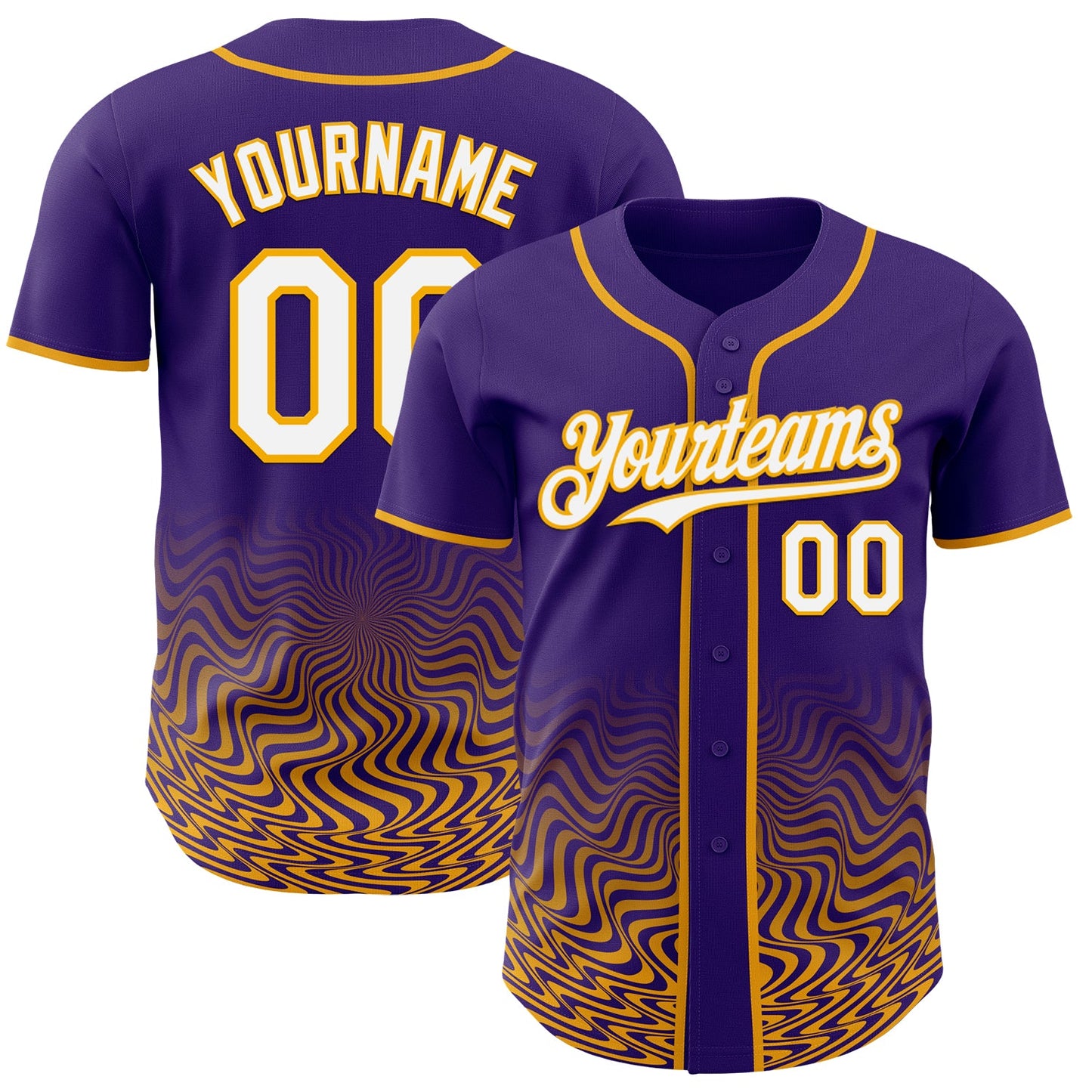 Custom Purple White-Gold Fluid Wave Psychedelic Swirl Authentic Baseball Jersey - Main View