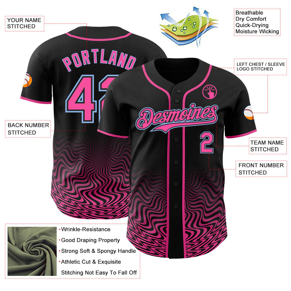 Custom Black Pink-Light Blue Fluid Wave Psychedelic Swirl Authentic Baseball Jersey view 3