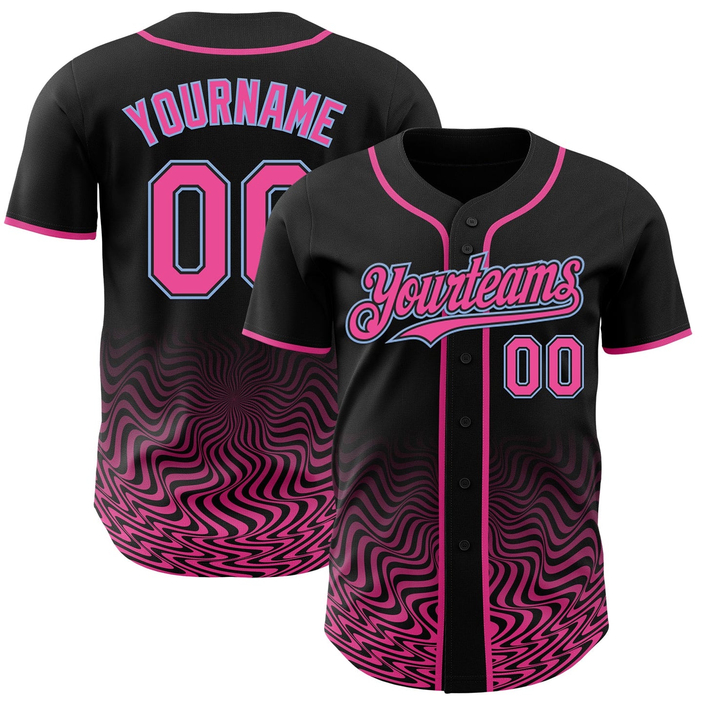 Custom Black Pink-Light Blue Fluid Wave Psychedelic Swirl Authentic Baseball Jersey - Main View