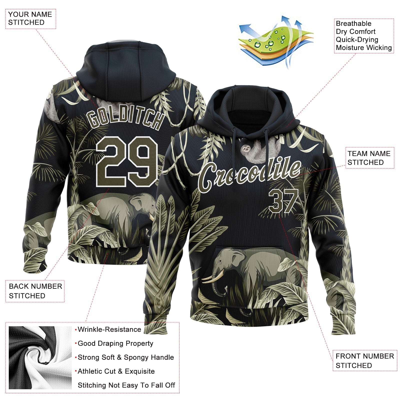 Custom Stitched Navy Olive-White 3D Pattern Design Elephant And Monkey Sports Pullover Sweatshirt Hoodie view 2
