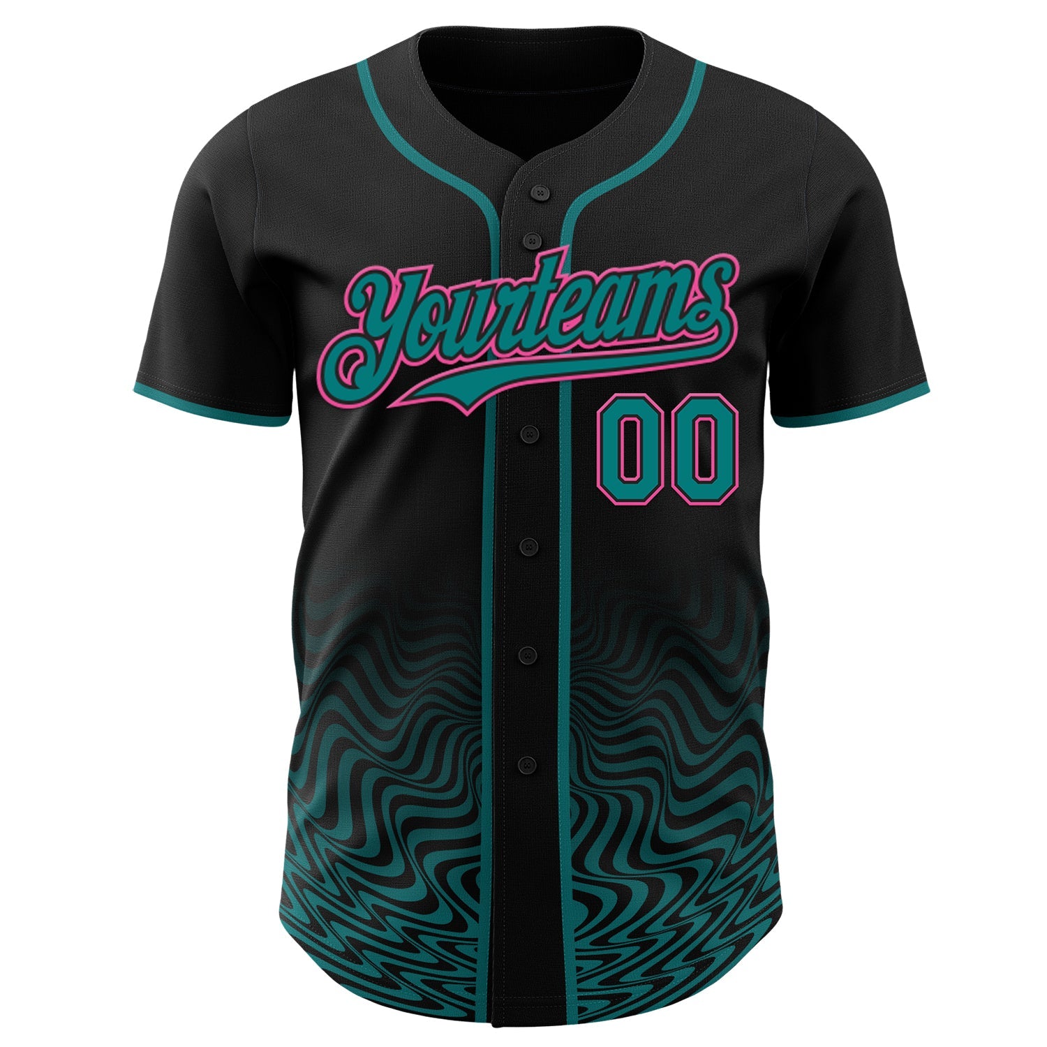 Custom Black Pink-Teal Fluid Wave Psychedelic Swirl Authentic Baseball Jersey view 2