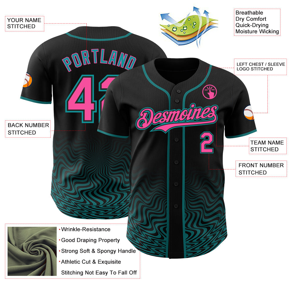 Custom Black Pink-Teal Fluid Wave Psychedelic Swirl Authentic Baseball Jersey view 3