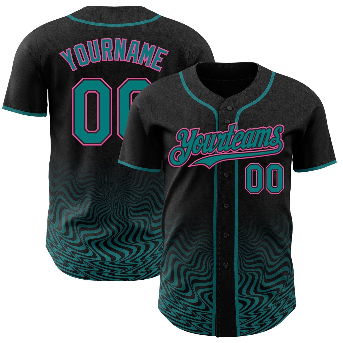 Custom Black Pink-Teal Fluid Wave Psychedelic Swirl Authentic Baseball Jersey - Main View