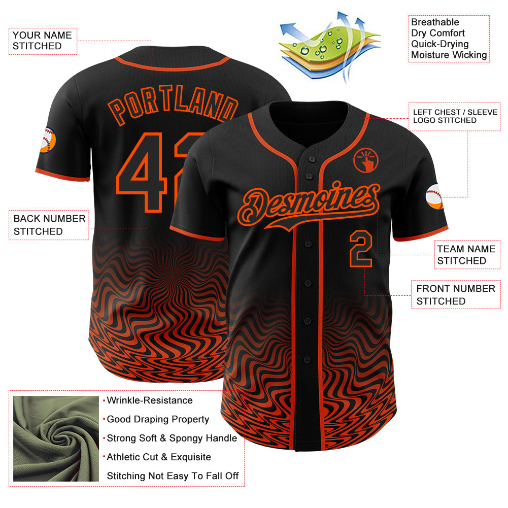 Custom Black-Orange Fluid Wave Psychedelic Swirl Authentic Baseball Jersey view 3