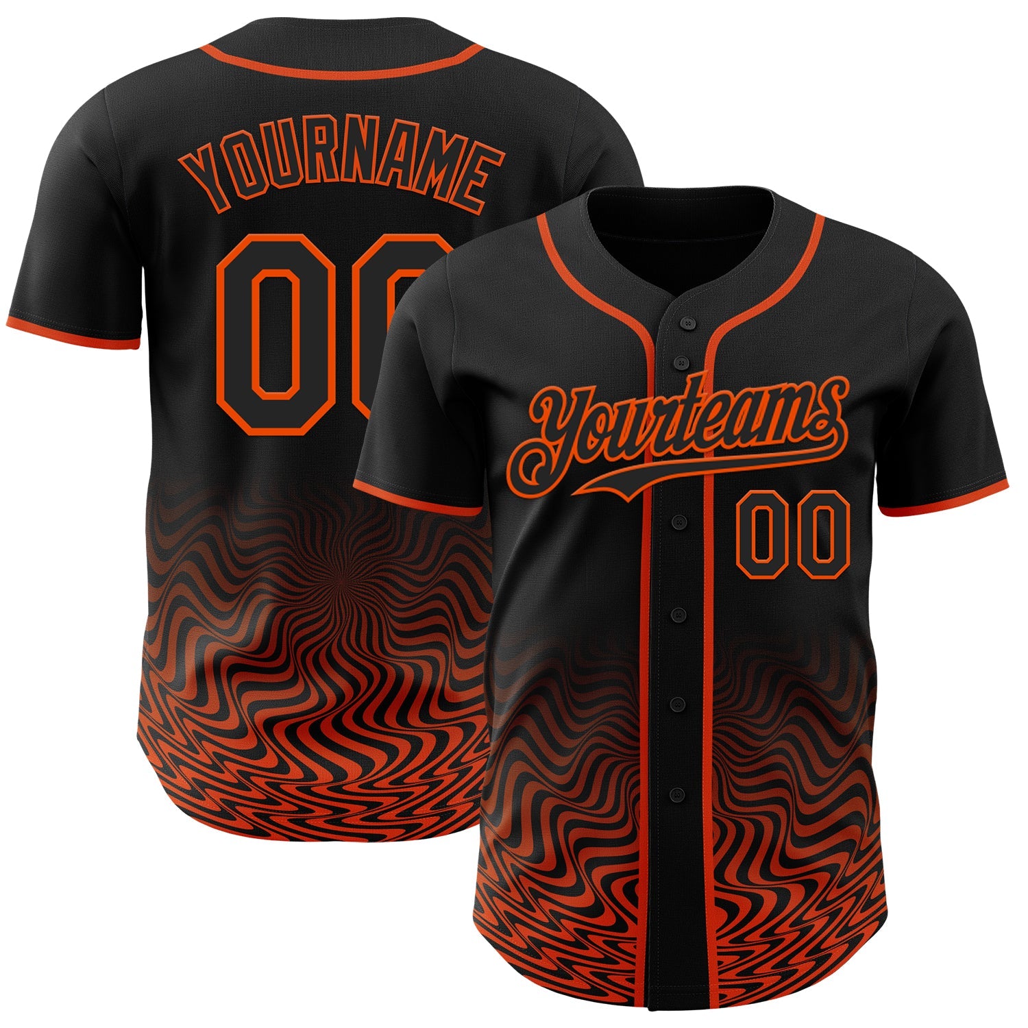 Custom Black-Orange Fluid Wave Psychedelic Swirl Authentic Baseball Jersey - Main View
