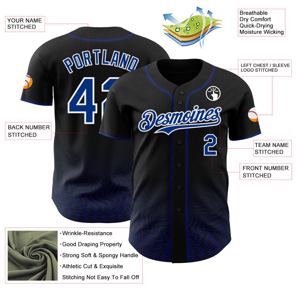 Custom Black Royal-White Fluid Wave Psychedelic Swirl Authentic Baseball Jersey view 3