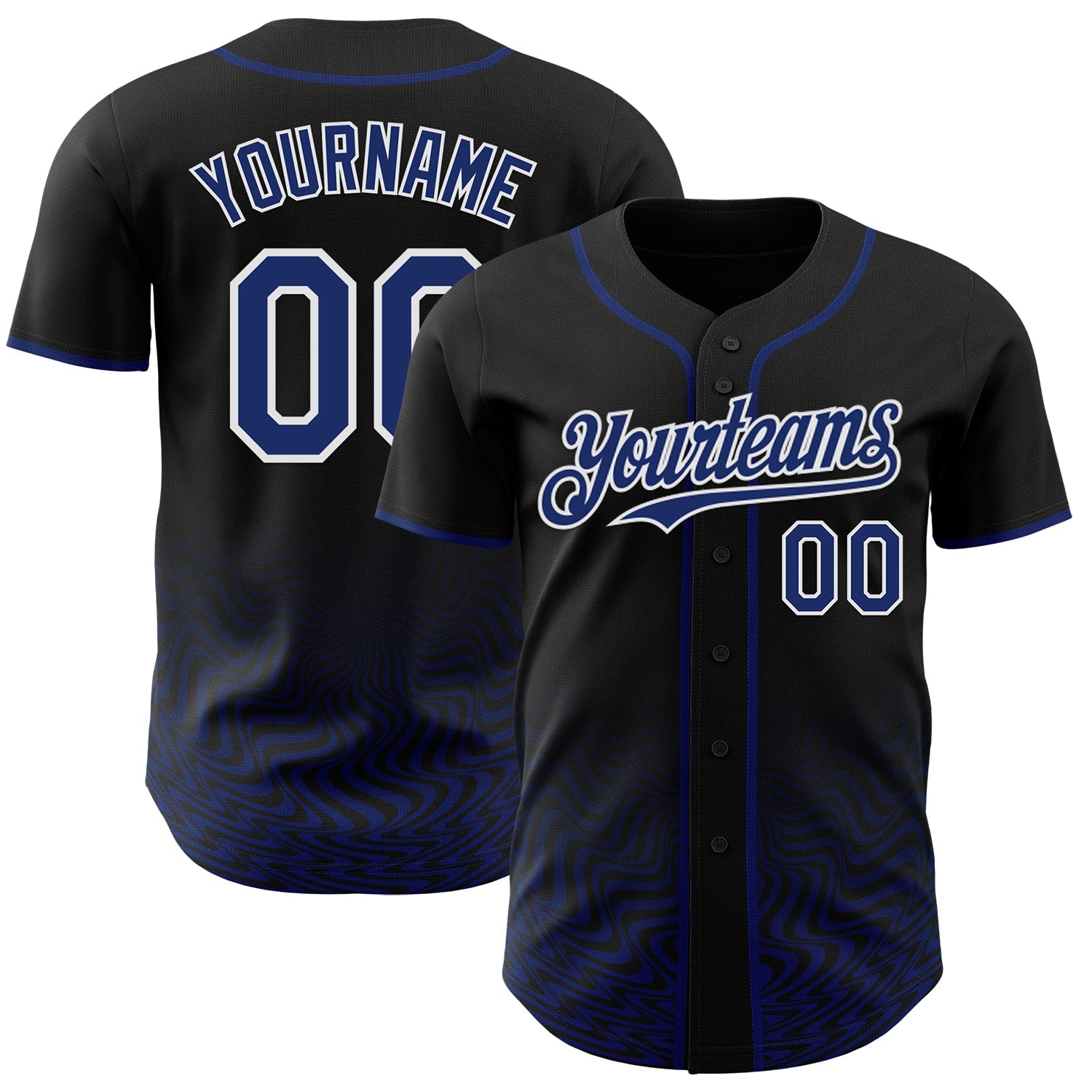 Custom Black Royal-White Fluid Wave Psychedelic Swirl Authentic Baseball Jersey - Main View