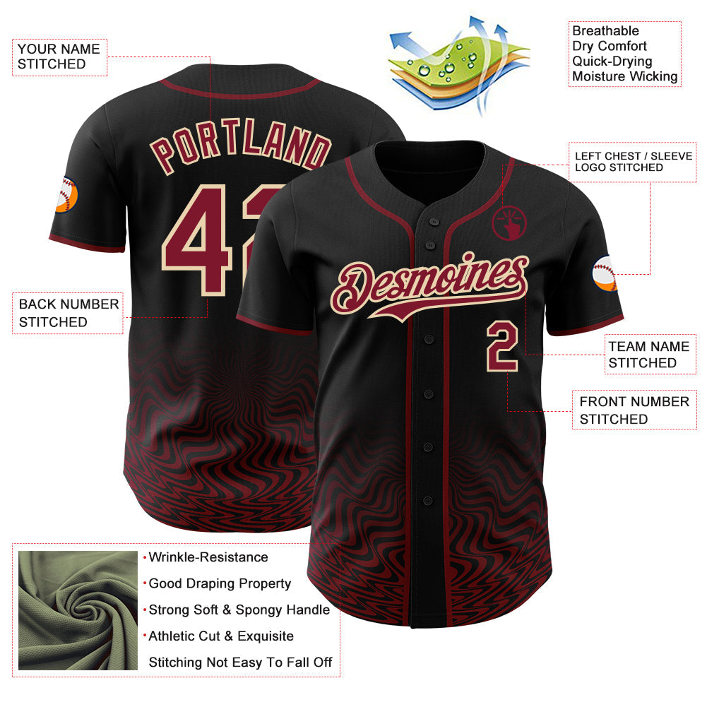Custom Black Crimson-City Cream Fluid Wave Psychedelic Swirl Authentic Baseball Jersey view 3