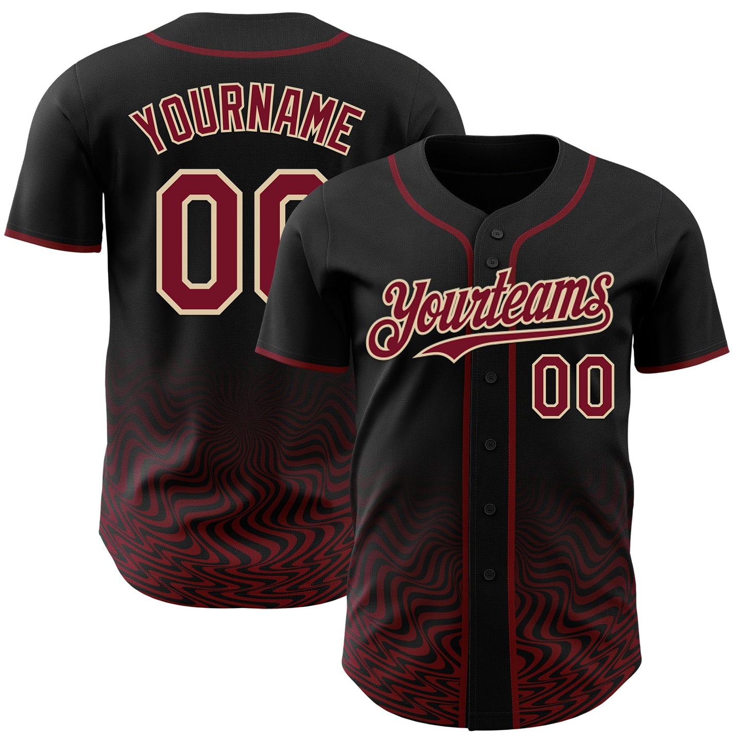 Custom Black Crimson-City Cream Fluid Wave Psychedelic Swirl Authentic Baseball Jersey - Main View