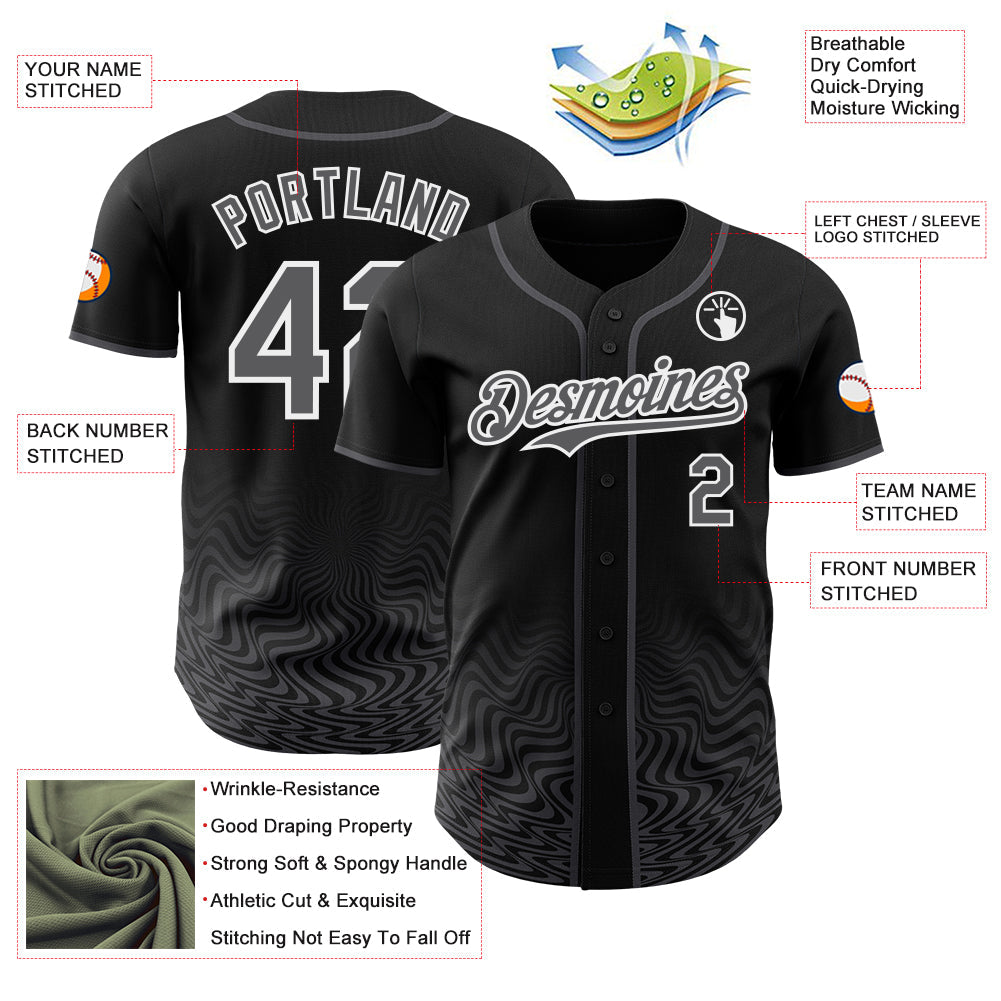 Custom Black Steel Gray-White Fluid Wave Psychedelic Swirl Authentic Baseball Jersey view 3