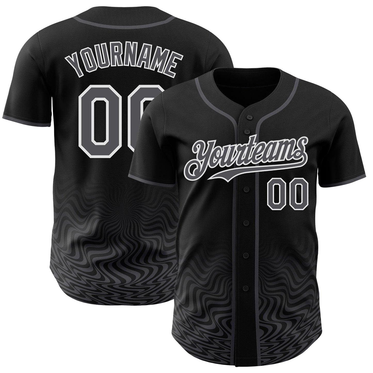 Custom Black Steel Gray-White Fluid Wave Psychedelic Swirl Authentic Baseball Jersey - Main View
