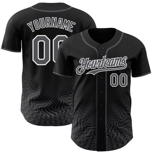 Custom Black Steel Gray-White Fluid Wave Psychedelic Swirl Authentic Baseball Jersey - Main View