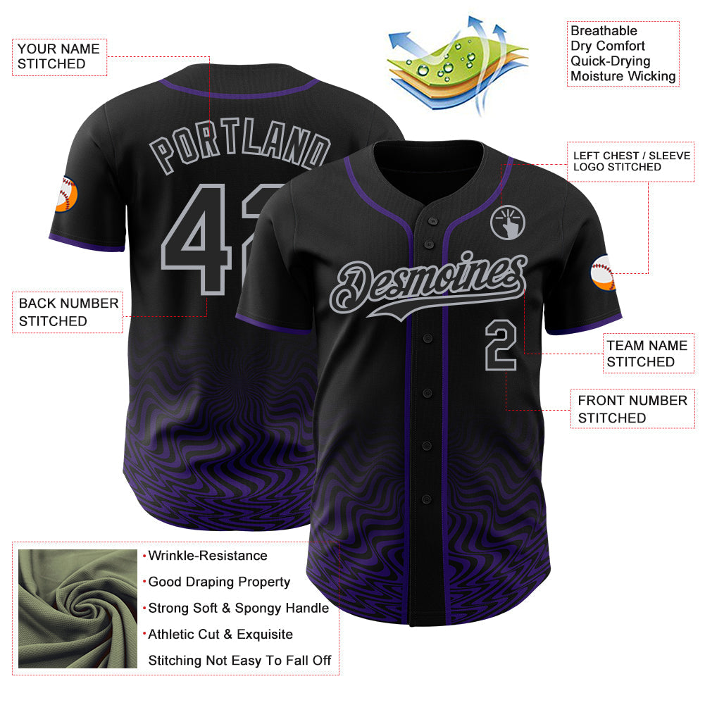 Custom Black Purple-Gray Fluid Wave Psychedelic Swirl Authentic Baseball Jersey view 3