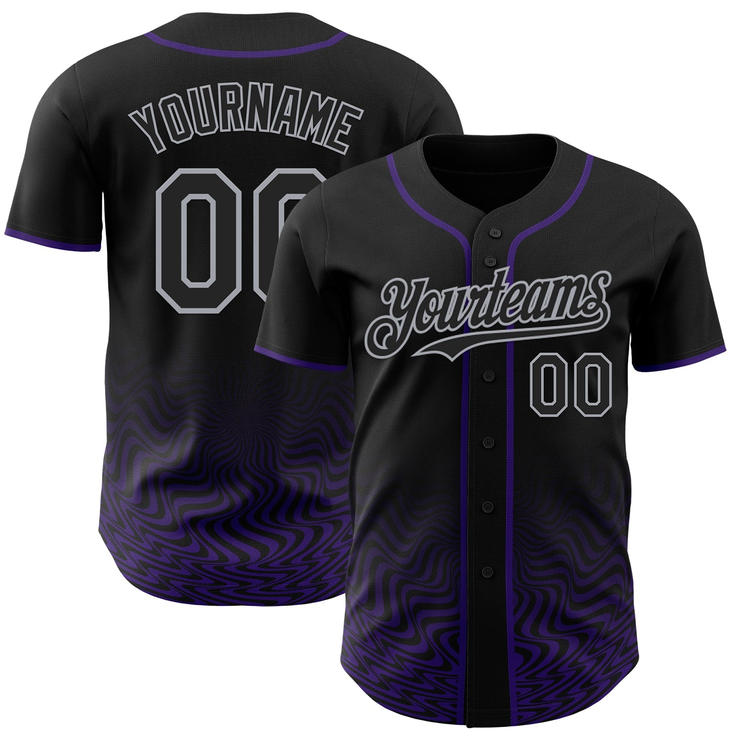 Custom Black Purple-Gray Fluid Wave Psychedelic Swirl Authentic Baseball Jersey - Main View