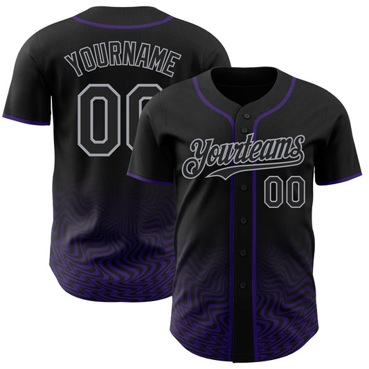 Custom Black Purple-Gray Fluid Wave Psychedelic Swirl Authentic Baseball Jersey - Main View
