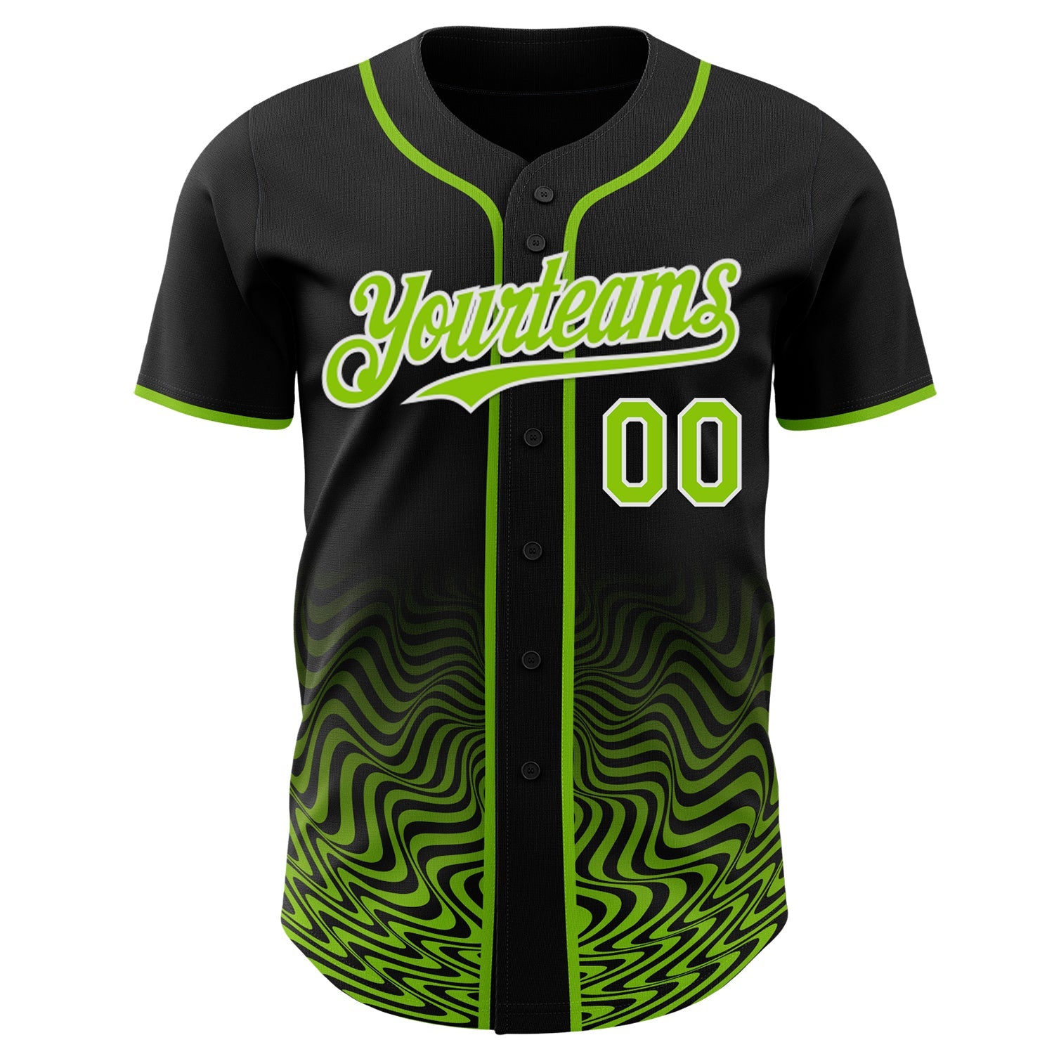 Custom Black Neon Green-White Fluid Wave Psychedelic Swirl Authentic Baseball Jersey view 2