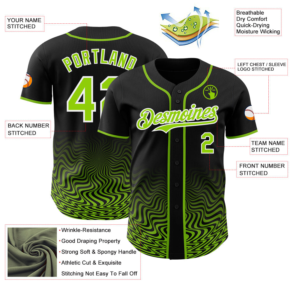 Custom Black Neon Green-White Fluid Wave Psychedelic Swirl Authentic Baseball Jersey view 3