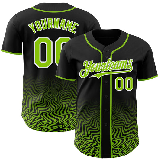 Custom Black Neon Green-White Fluid Wave Psychedelic Swirl Authentic Baseball Jersey - Main View