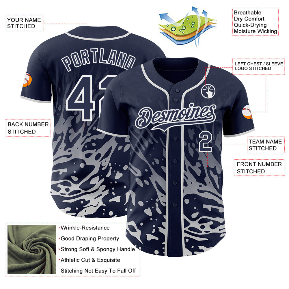 Custom Navy-White Fluid Liquid Wave Splatter Authentic Baseball Jersey view 3