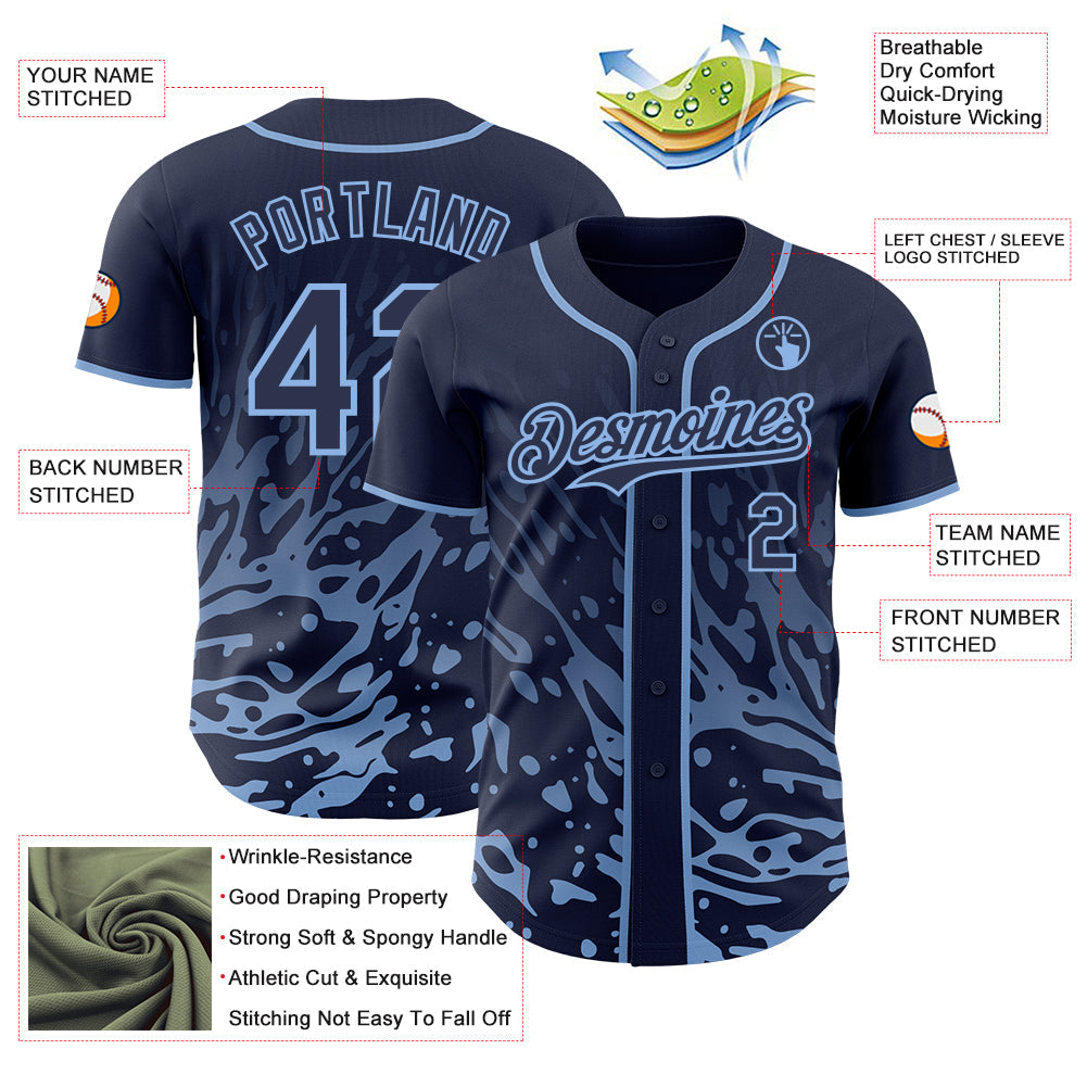 Custom Navy-Light Blue Fluid Liquid Wave Splatter Authentic Baseball Jersey view 3