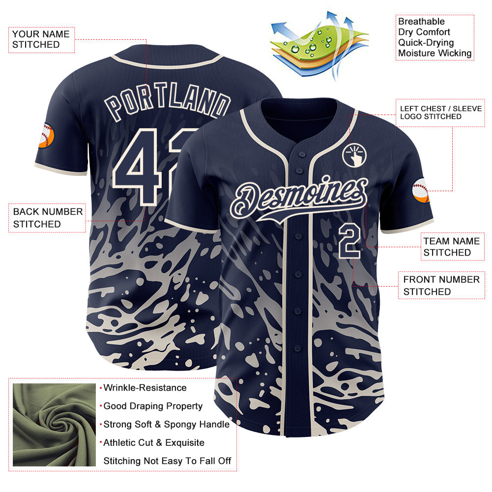 Custom Navy-Cream Fluid Liquid Wave Splatter Authentic Baseball Jersey view 3