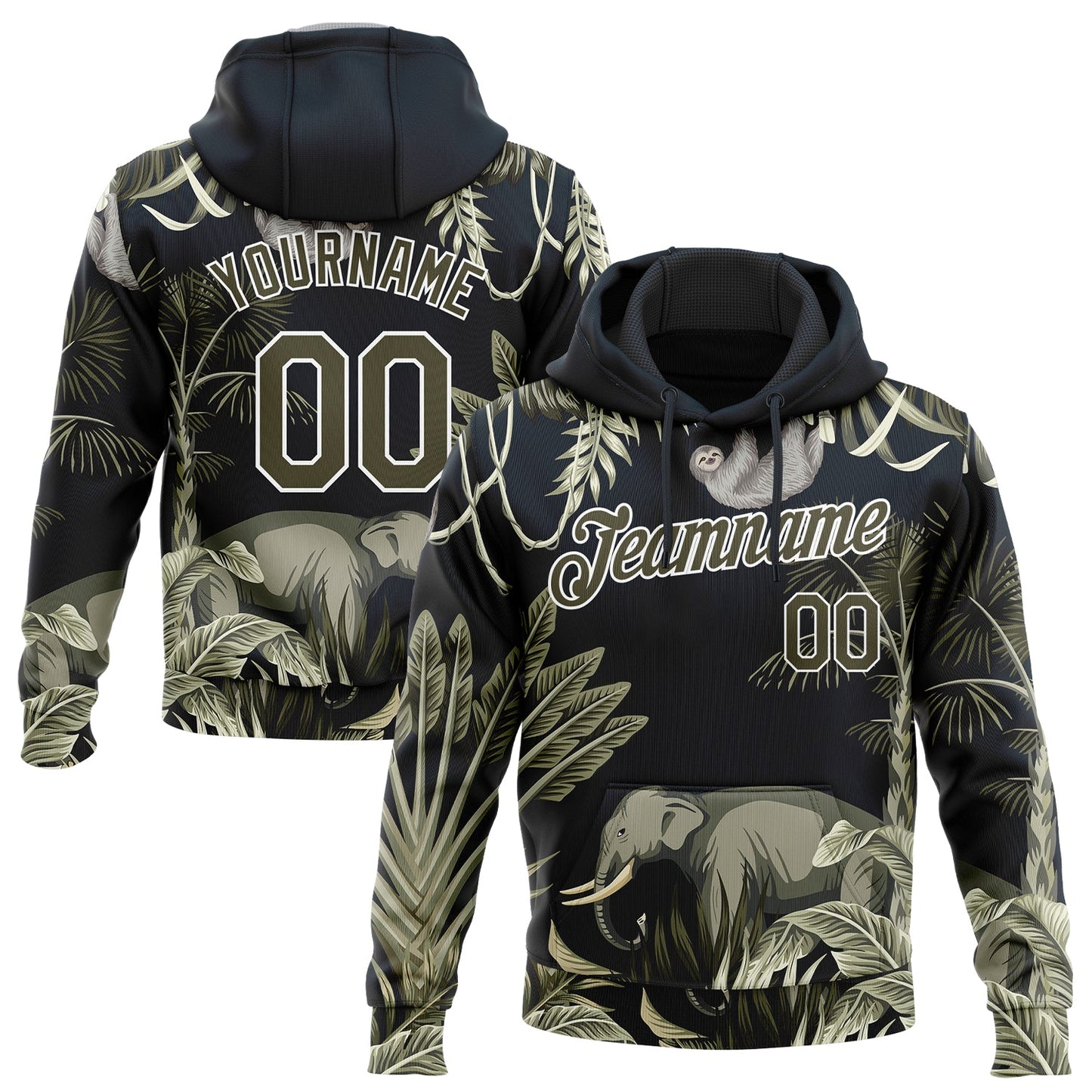 Custom Stitched Navy Olive-White 3D Pattern Design Elephant And Monkey Sports Pullover Sweatshirt Hoodie - Main View