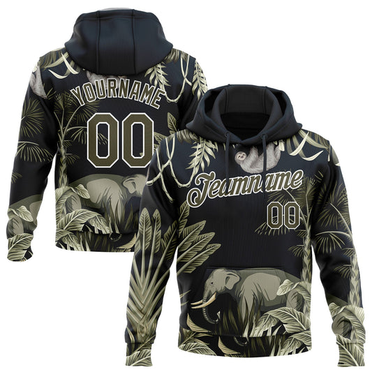 Custom Stitched Navy Olive-White 3D Pattern Design Elephant And Monkey Sports Pullover Sweatshirt Hoodie - Main View
