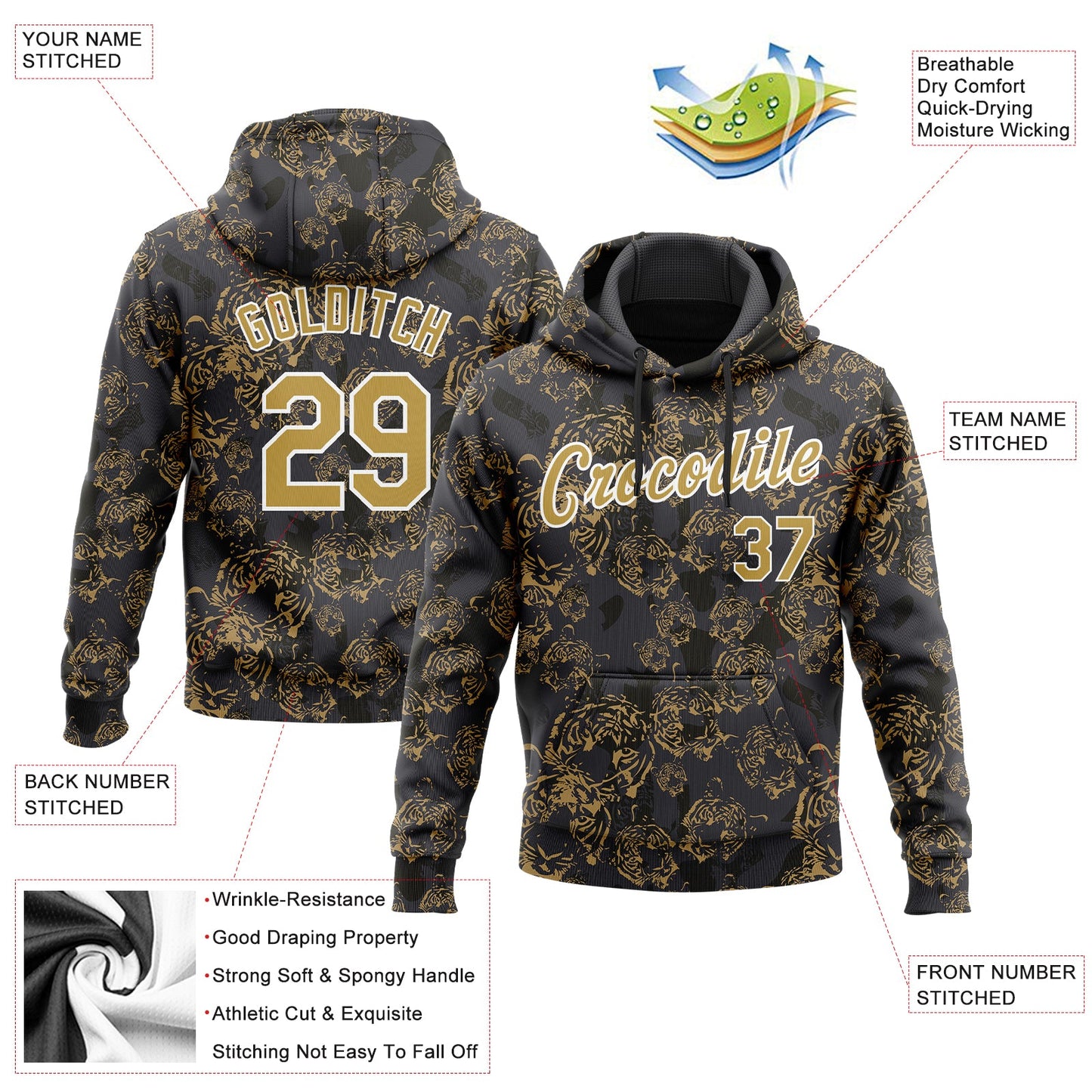 Custom Stitched Black Old Gold-White 3D Pattern Design Tiger Sports Pullover Sweatshirt Hoodie view 2