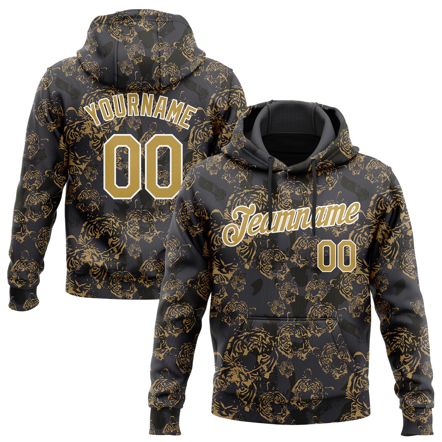Custom Stitched Black Old Gold-White 3D Pattern Design Tiger Sports Pullover Sweatshirt Hoodie - Main View