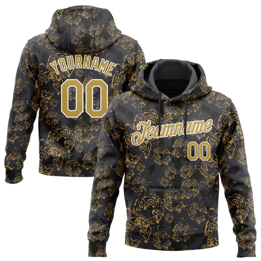 Custom Stitched Black Old Gold-White 3D Pattern Design Tiger Sports Pullover Sweatshirt Hoodie - Main View