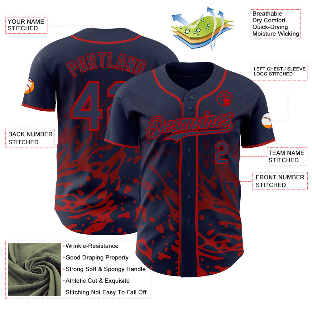 Custom Navy-Red Fluid Liquid Wave Splatter Authentic Baseball Jersey view 3