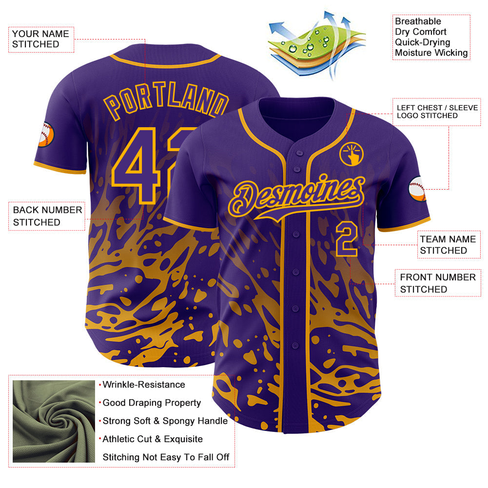 Custom Purple-Gold Fluid Liquid Wave Splatter Authentic Baseball Jersey view 3