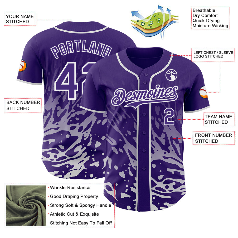 Custom Purple-White Fluid Liquid Wave Splatter Authentic Baseball Jersey view 3