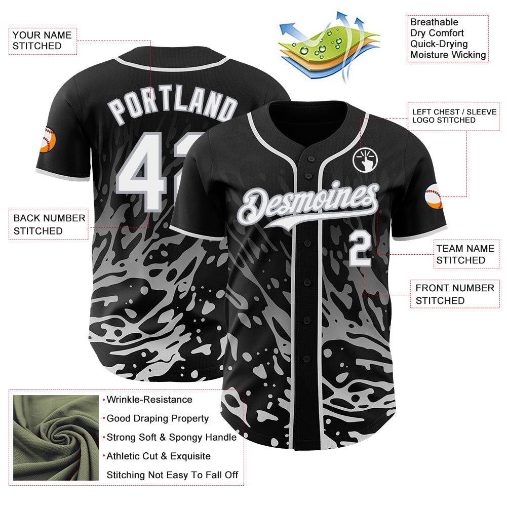 Custom Black White-Gray Fluid Liquid Wave Splatter Authentic Baseball Jersey view 3