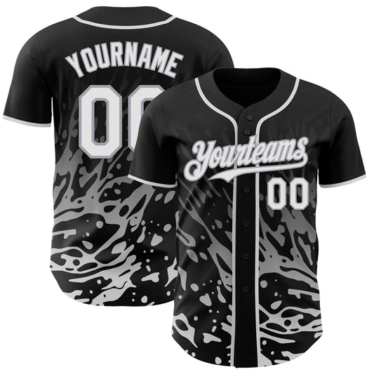 Custom Black White-Gray Fluid Liquid Wave Splatter Authentic Baseball Jersey - Main View