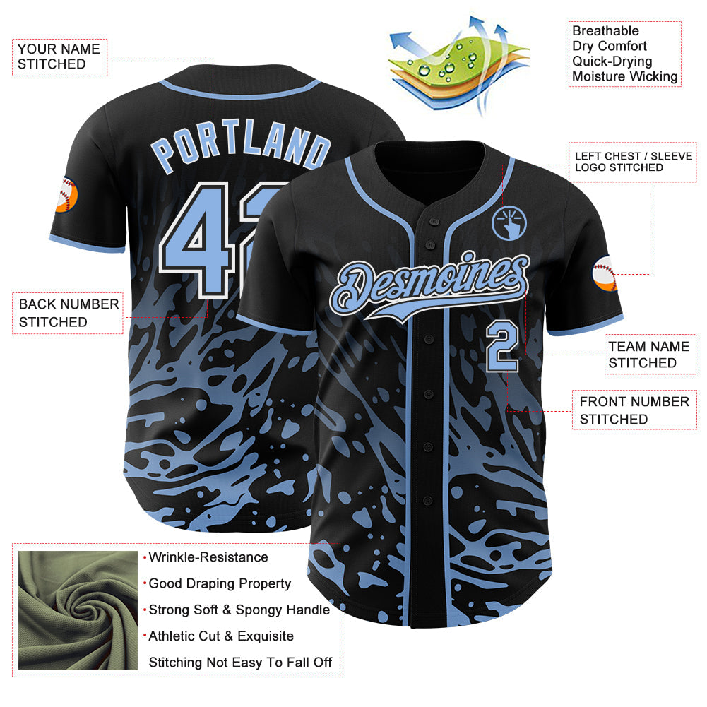 Custom Black Light Blue-White Fluid Liquid Wave Splatter Authentic Baseball Jersey view 3