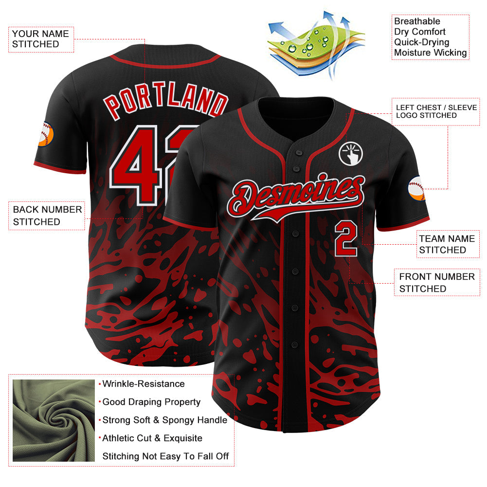 Custom Black Red-White Fluid Liquid Wave Splatter Authentic Baseball Jersey view 3
