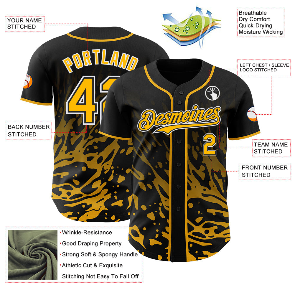 Custom Black Gold-White Fluid Liquid Wave Splatter Authentic Baseball Jersey view 3
