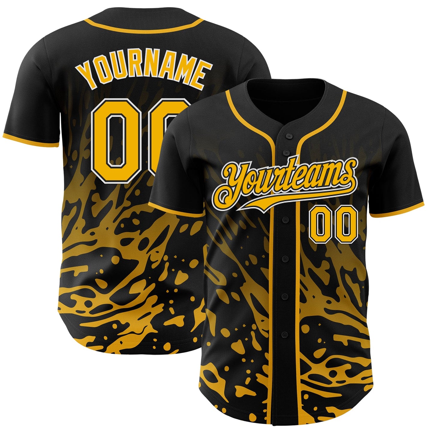 Custom Black Gold-White Fluid Liquid Wave Splatter Authentic Baseball Jersey - Main View