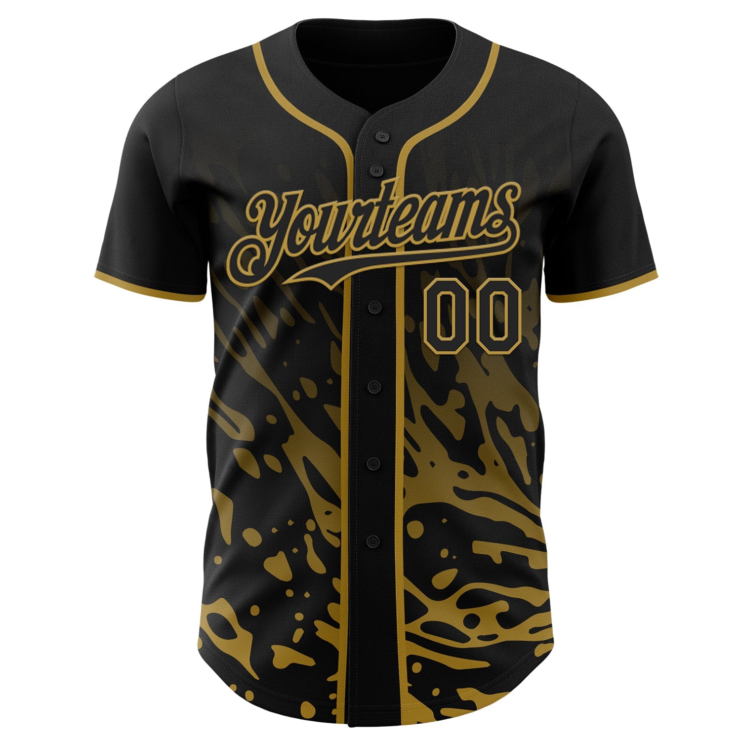Custom Black-Old Gold Fluid Liquid Wave Splatter Authentic Baseball Jersey view 2