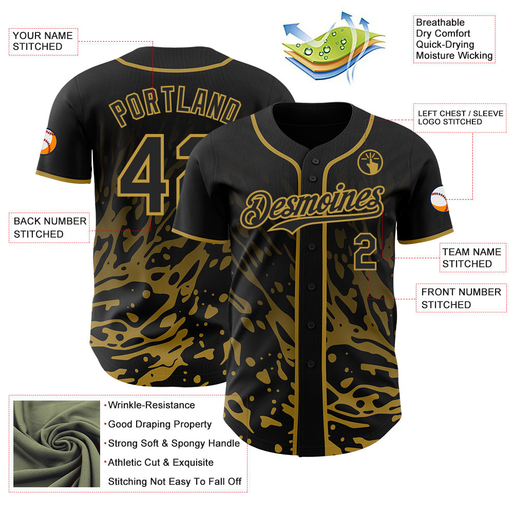 Custom Black-Old Gold Fluid Liquid Wave Splatter Authentic Baseball Jersey view 3