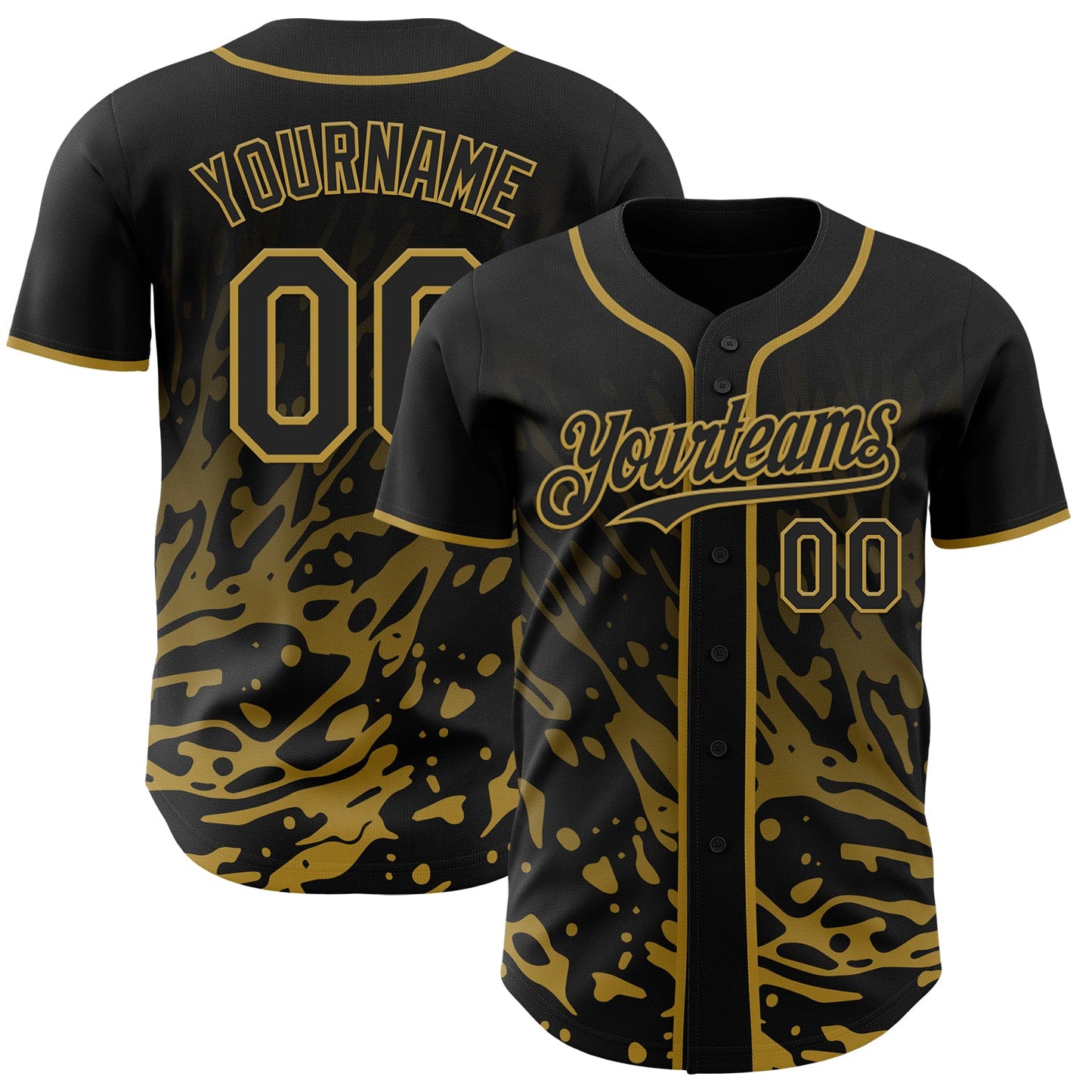 Custom Black-Old Gold Fluid Liquid Wave Splatter Authentic Baseball Jersey - Main View