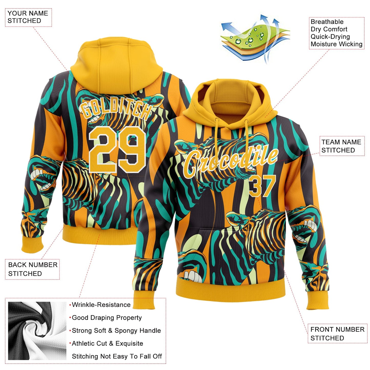 Custom Stitched Gold-White 3D Pattern Design Zebra Sports Pullover Sweatshirt Hoodie view 2