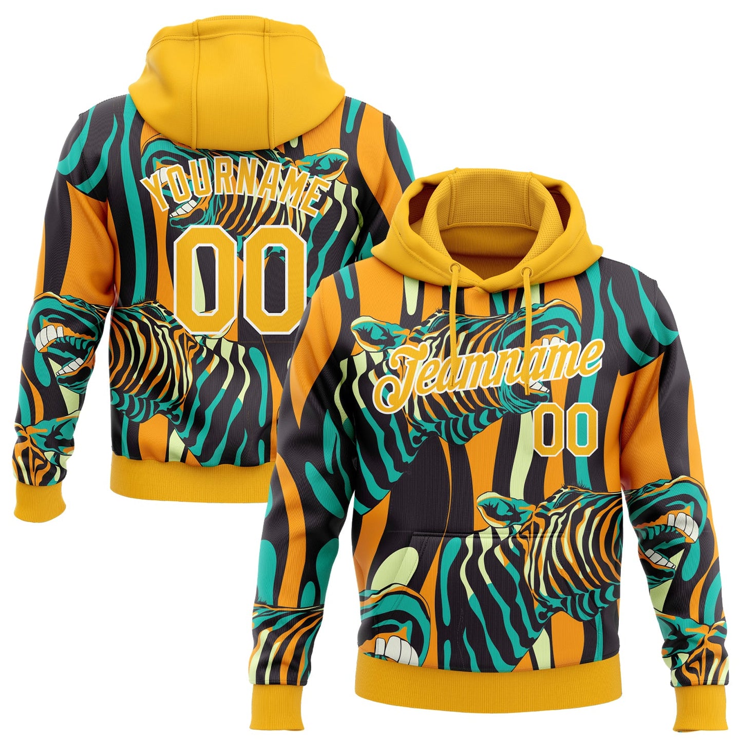 Custom Stitched Gold-White 3D Pattern Design Zebra Sports Pullover Sweatshirt Hoodie - Main View